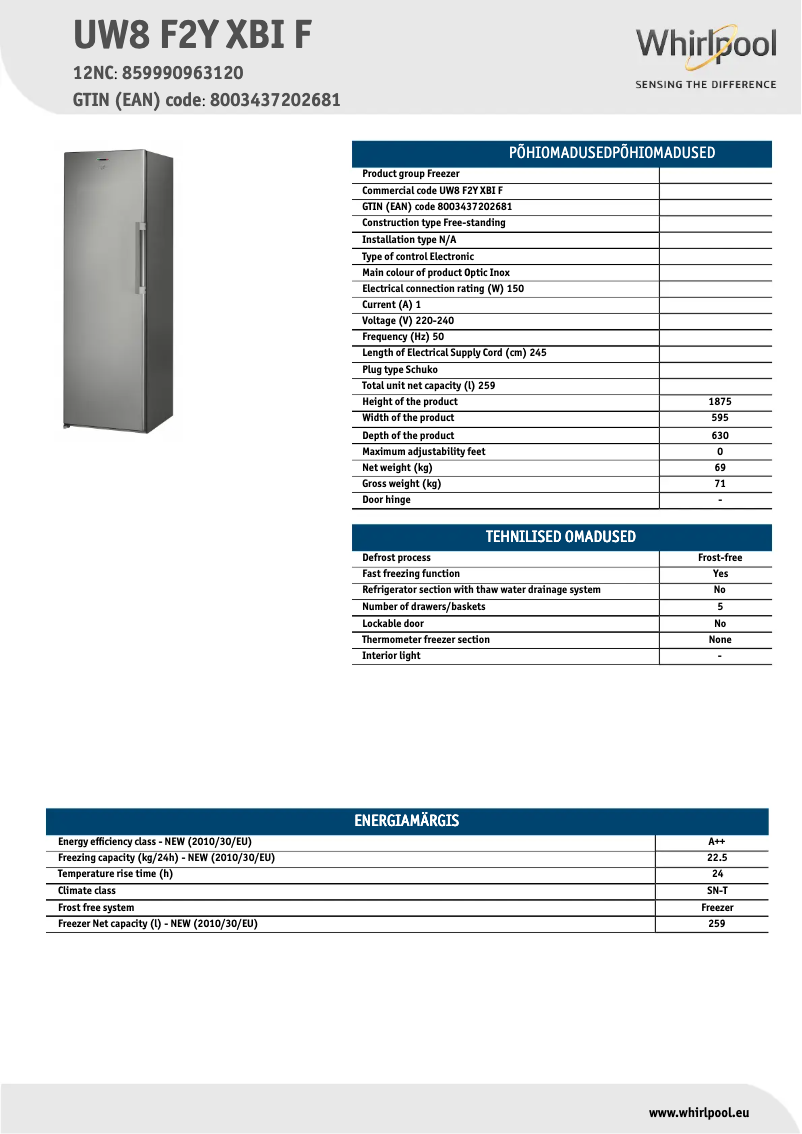 Página nº 1 - Ficha técnica Whirlpool UW8 F2Y XBI F