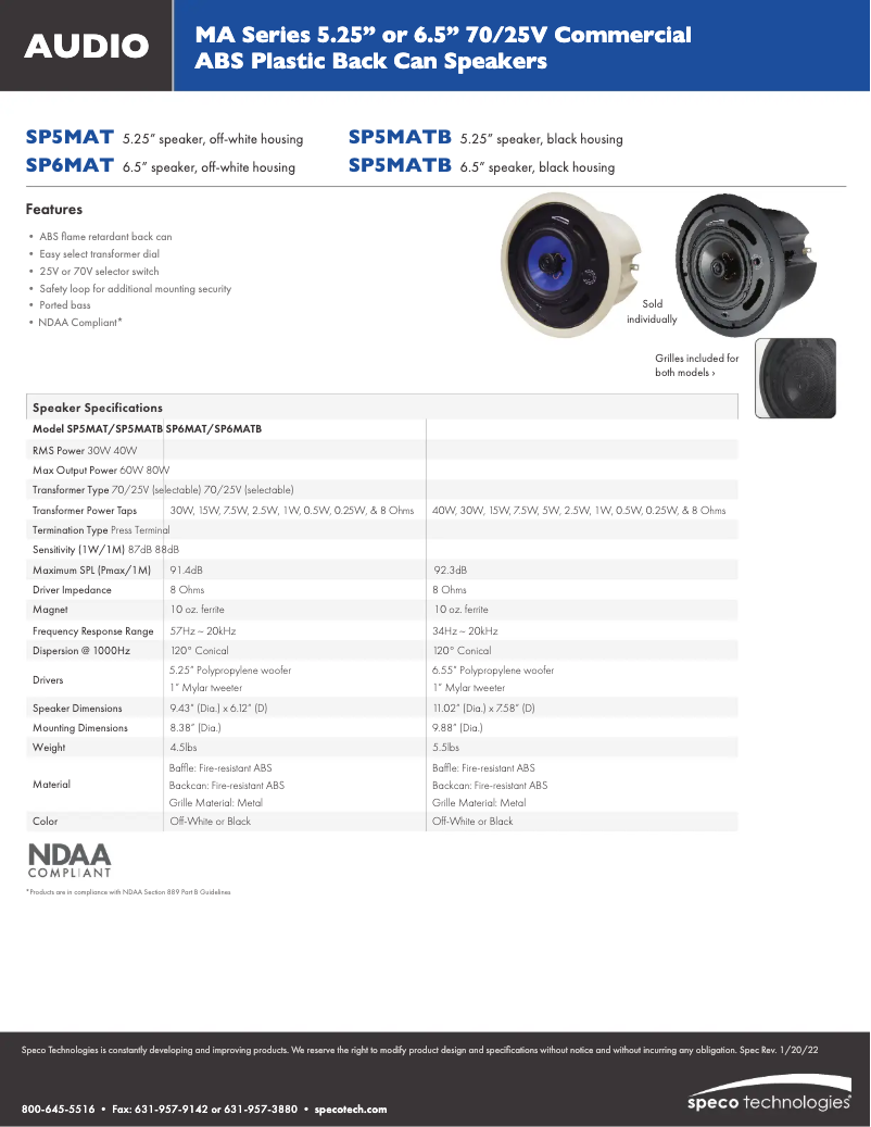 Página 1 del manual Ficha técnica Speco Technologies SP6MAT