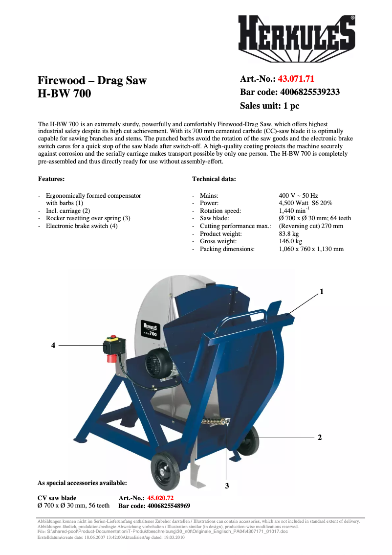 Página 1 del manual Ficha técnica Herkules H-BW 700/1