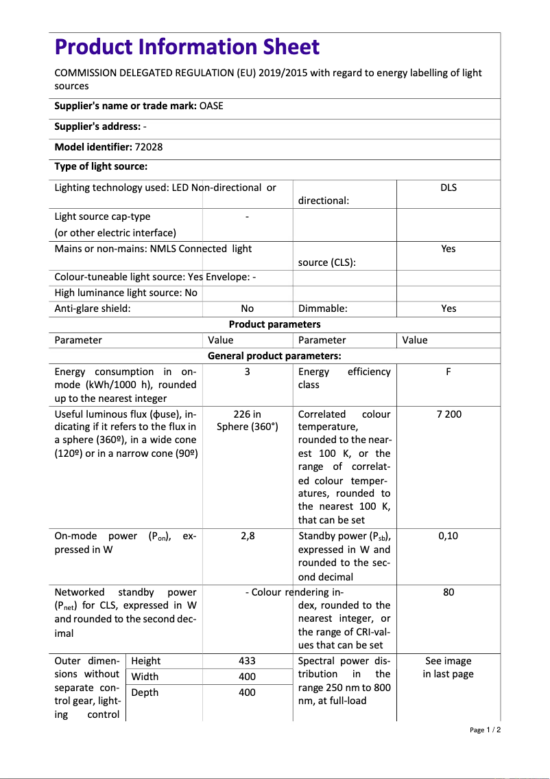 Página 1 del manual Ficha técnica Oase biOrb CUBE