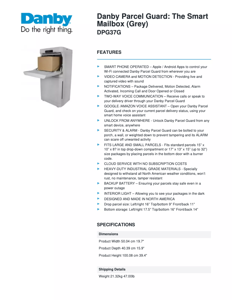 Página 1 del manual Ficha técnica Danby DPG37G