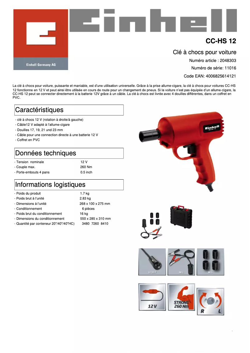 Página 1 del manual Ficha técnica Einhell CC-HS 12