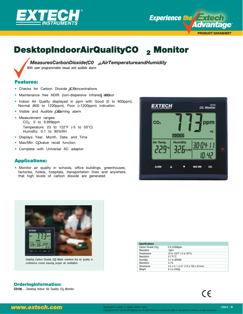 Página 1 del manual Ficha técnica Extech CO100