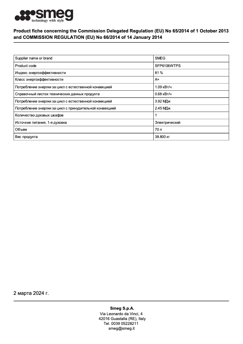 Página 1 del manual Ficha técnica Smeg SFP6106WTPS