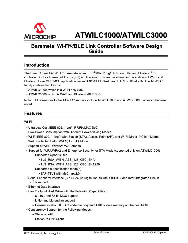 Imagen de la primera página del manual del dispositivo ATWILC3000-IC