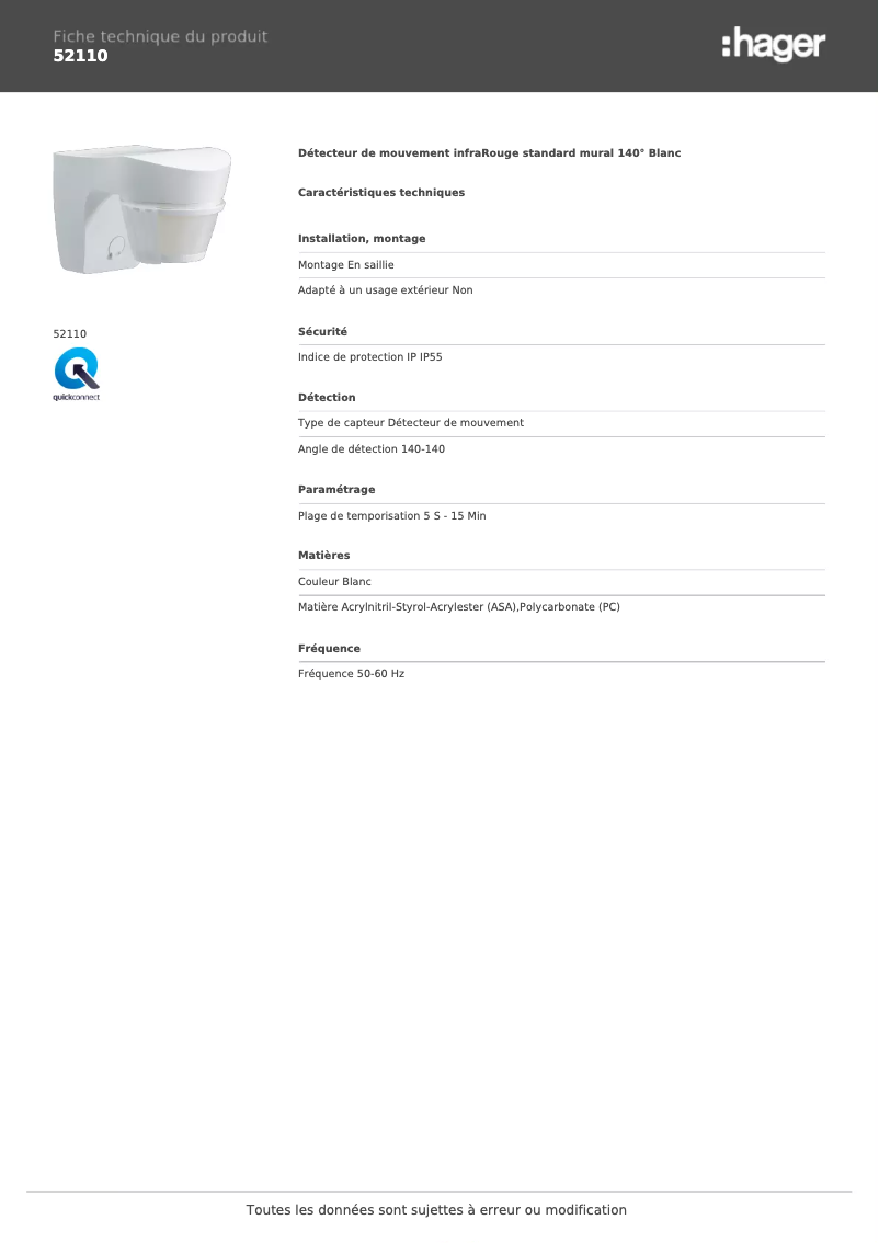 Página 1 del manual Ficha técnica Hager 52110