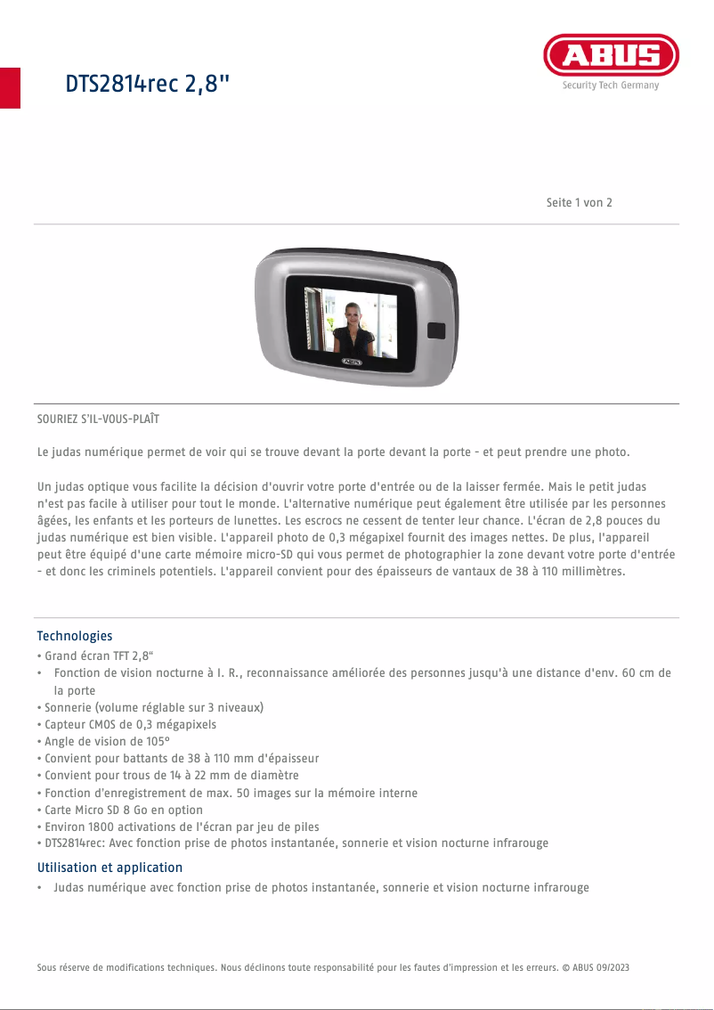 Página 1 del manual Ficha técnica Abus DTS2814rec