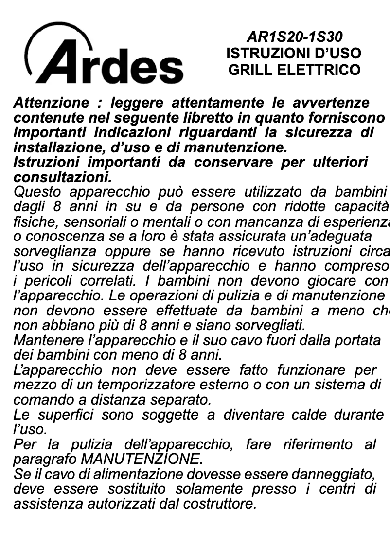 Imagen de la primera página del manual del dispositivo Sfizio Maxi AR1S30