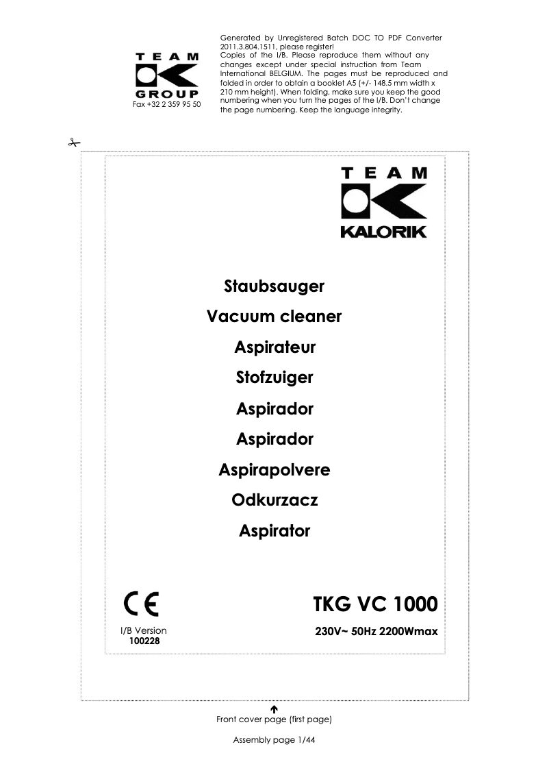 Imagen de la primera página del manual del dispositivo TKG VC 1000