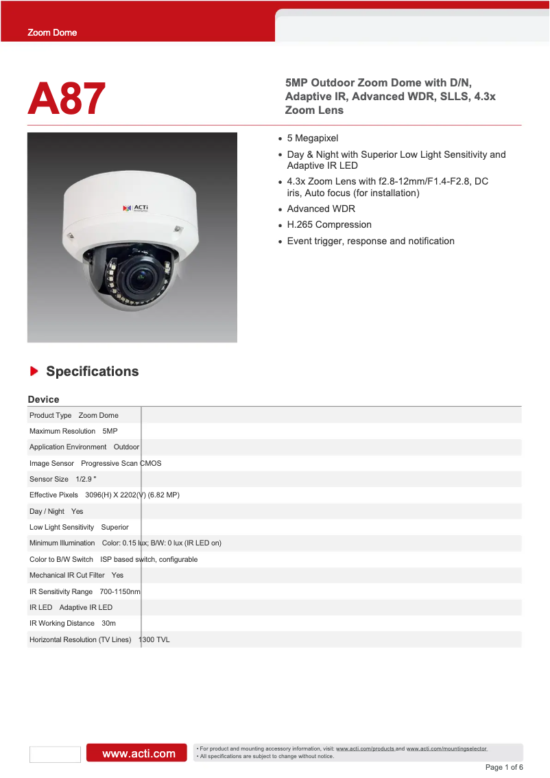 Página 1 del manual Ficha técnica ACTi A87