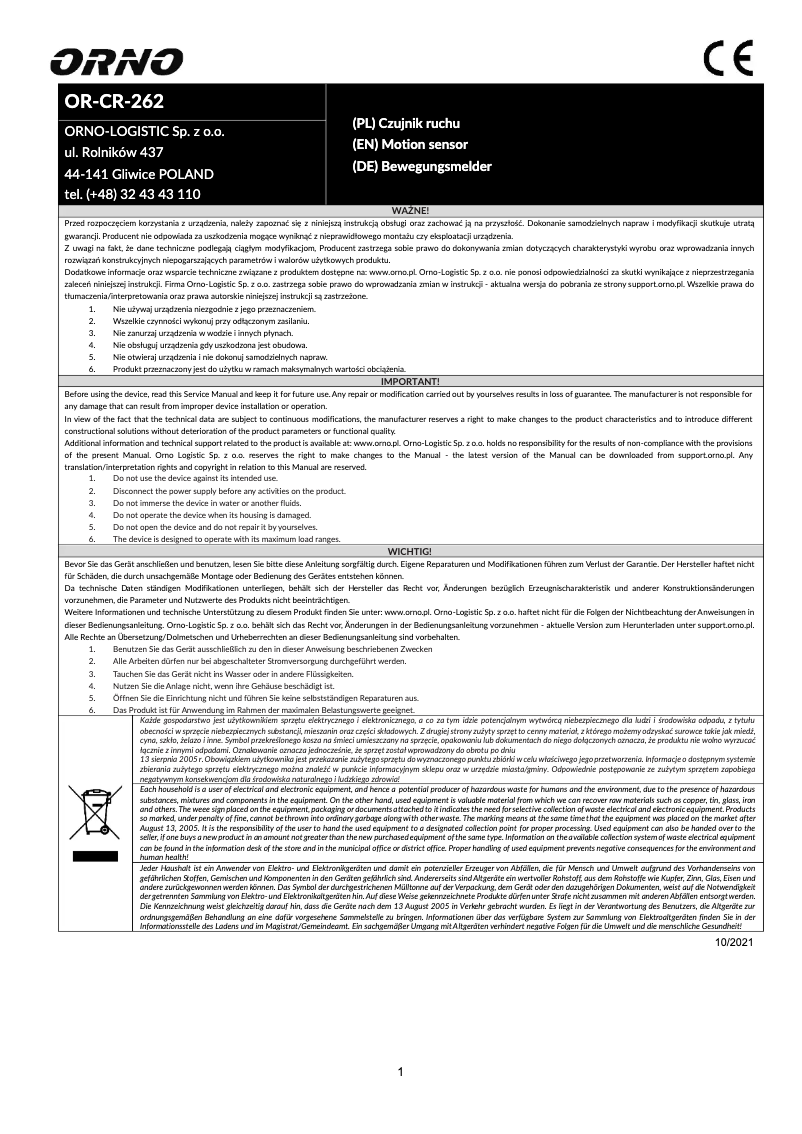Imagen de la primera página del manual del dispositivo OR-CR-262
