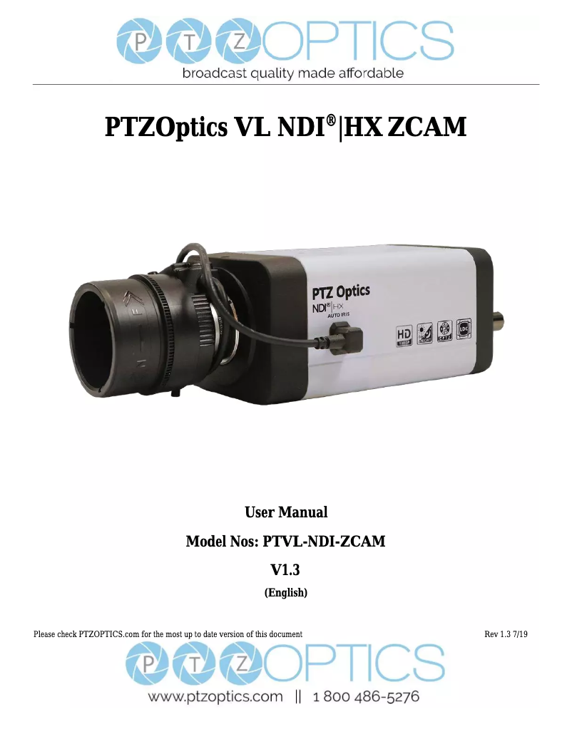 Imagen de la primera página del manual del dispositivo NDI ZCam-VL
