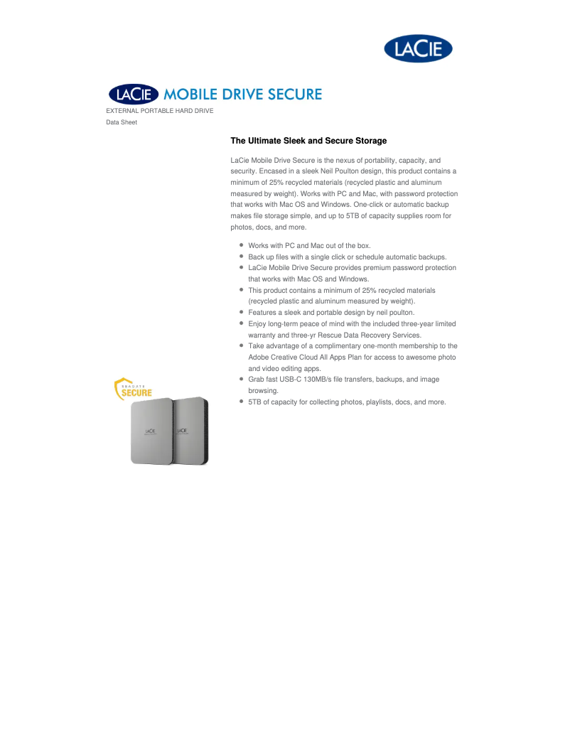 Imagen de la primera página del manual del dispositivo Mobile Drive Secure