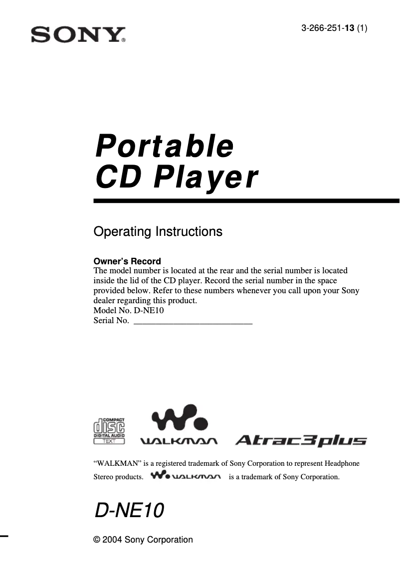 Imagen de la primera página del manual del dispositivo Walkman D-NE10