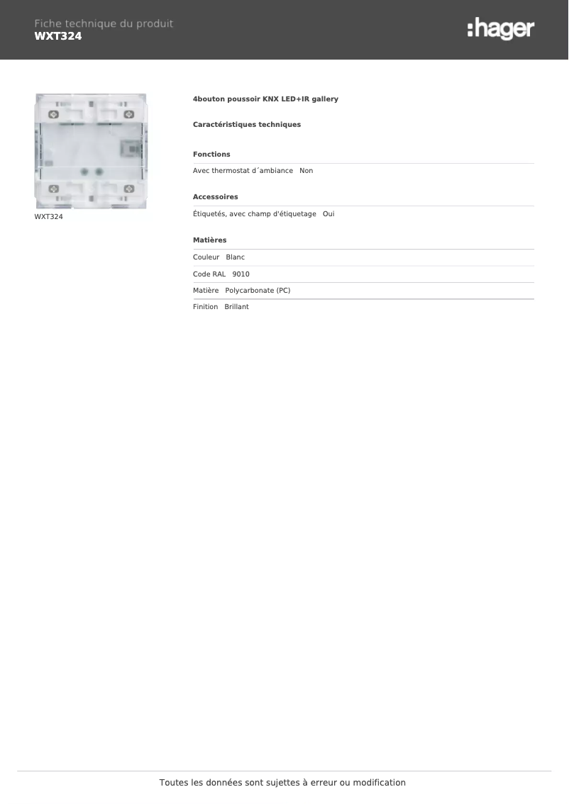 Página 1 del manual Ficha técnica Hager WXT324