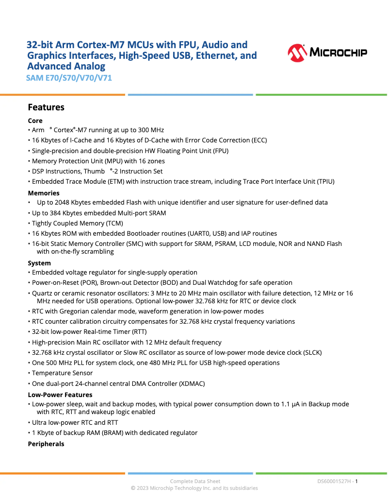 Imagen de la primera página del manual del dispositivo ATSAMS70Q19