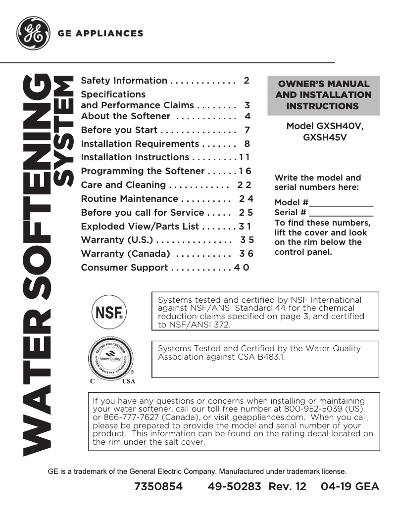 Página 1 del manual Manual de uso y mantenimiento GE GXSH40V