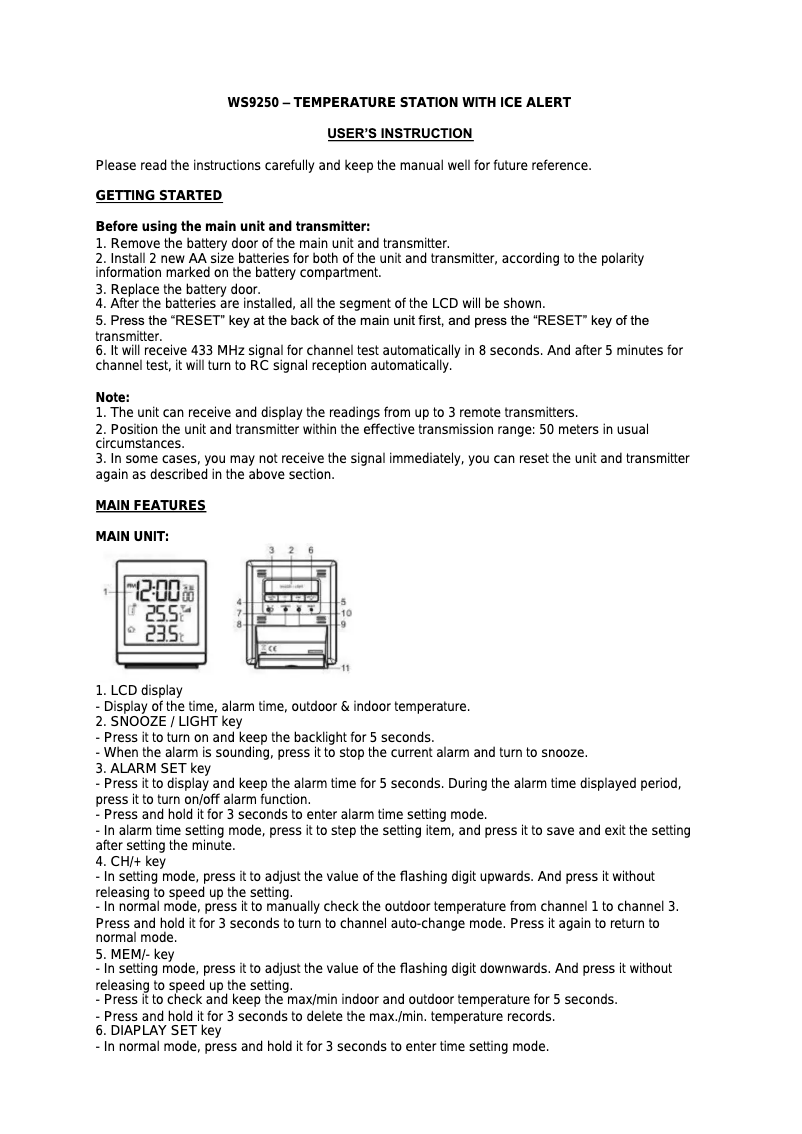 Imagen de la primera página del manual del dispositivo WS 9250