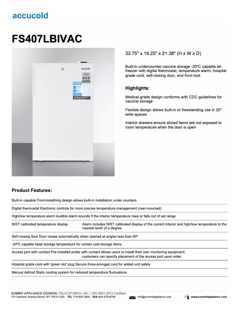 Página 1 del manual Ficha técnica Summit Accucold FS407LBIVAC