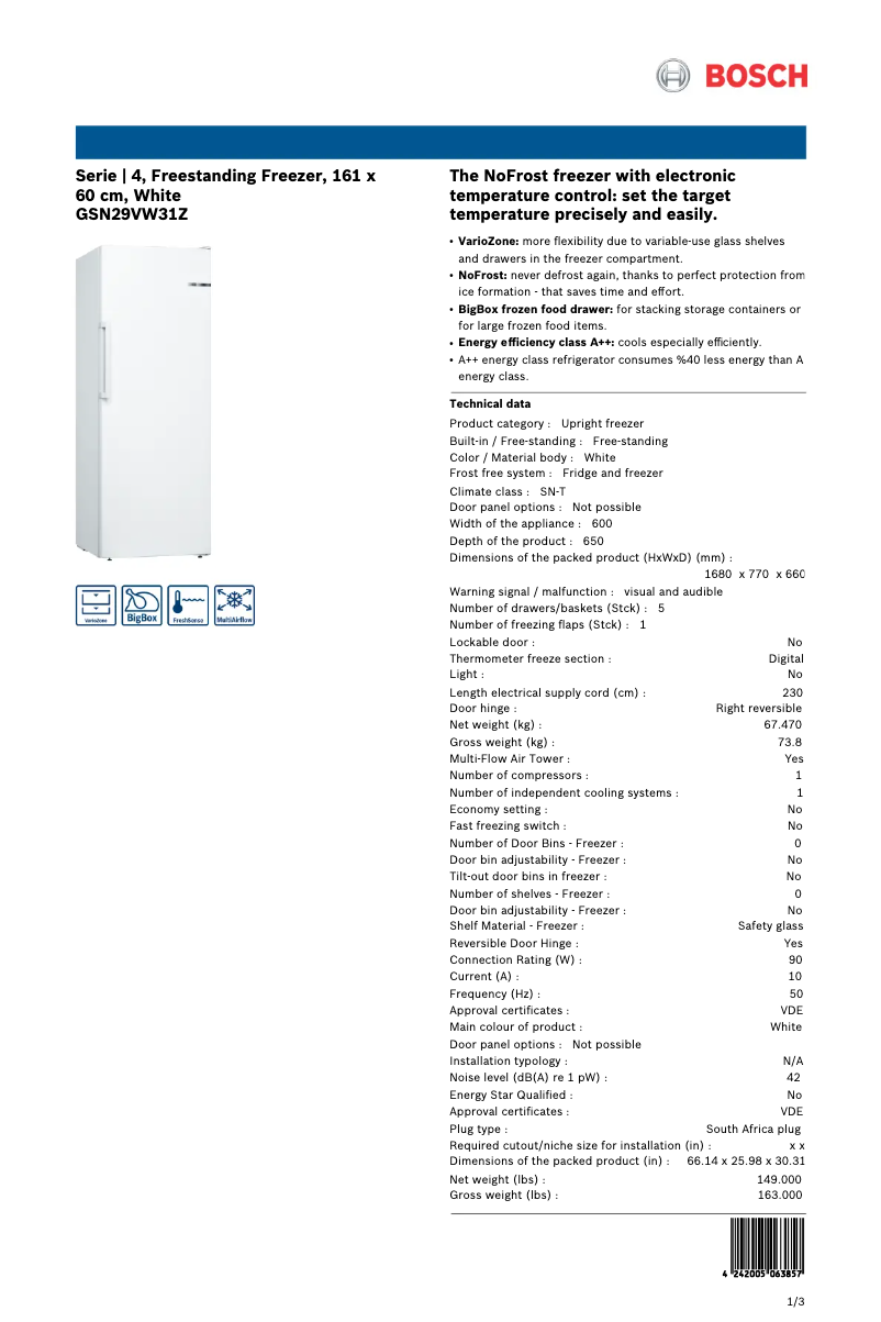 Página nº 1 - Ficha técnica Bosch GSN29VW31Z