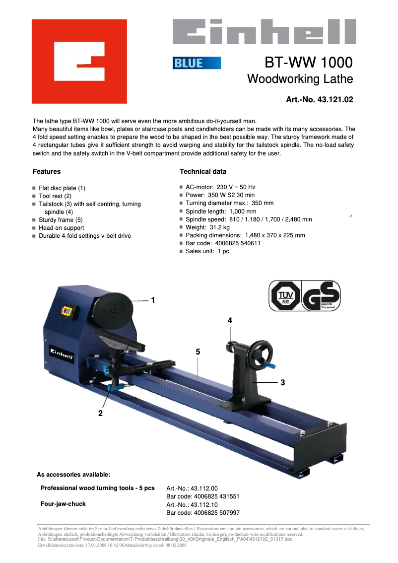 Página 1 del manual Ficha técnica Einhell BT-WW 1000