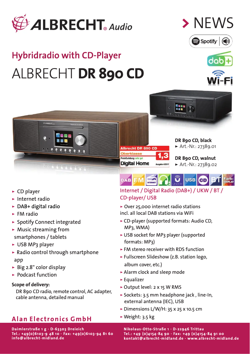 Página 1 del manual Ficha técnica Albrecht DR 890 CD