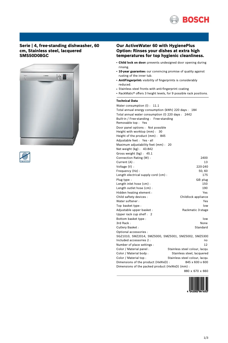 Imagen de la primera página del manual del dispositivo SMS50D08GC