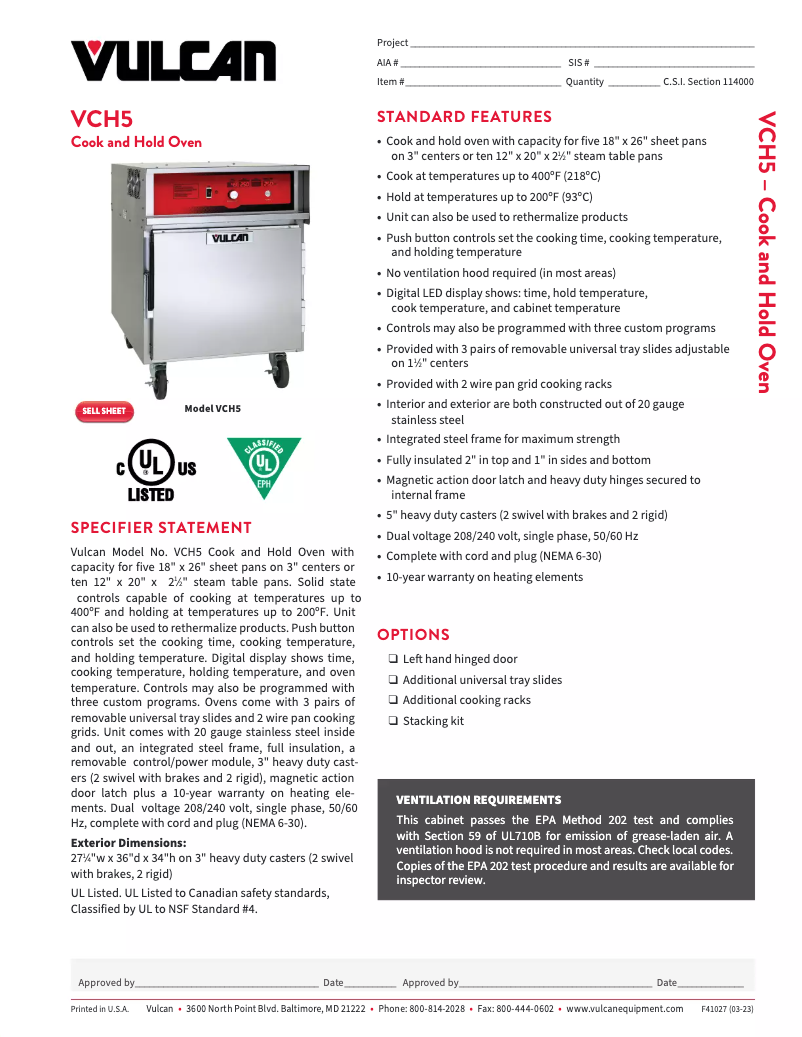 Página 1 del manual Ficha técnica Vulcan VCH5