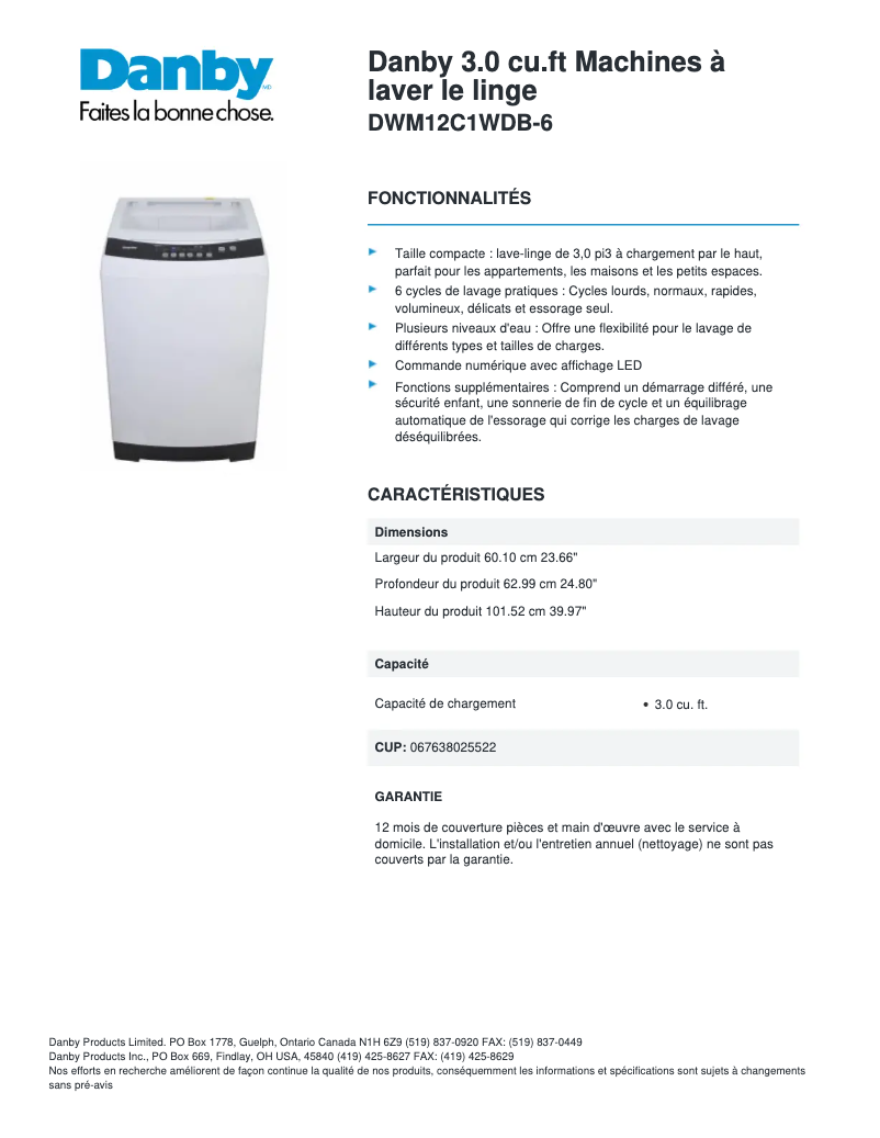 Página 1 del manual Ficha técnica Danby DWM12C1WDB-6