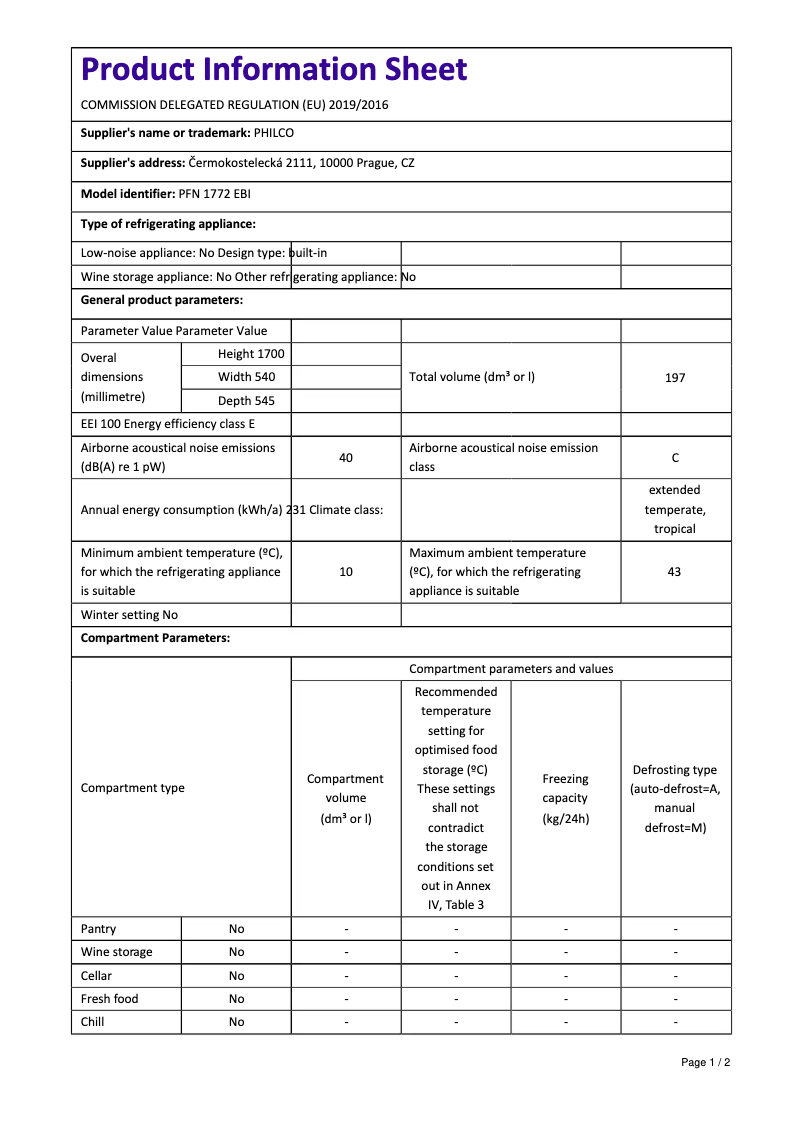 Página 1 del manual Ficha técnica Philco PFN 1772 EBi