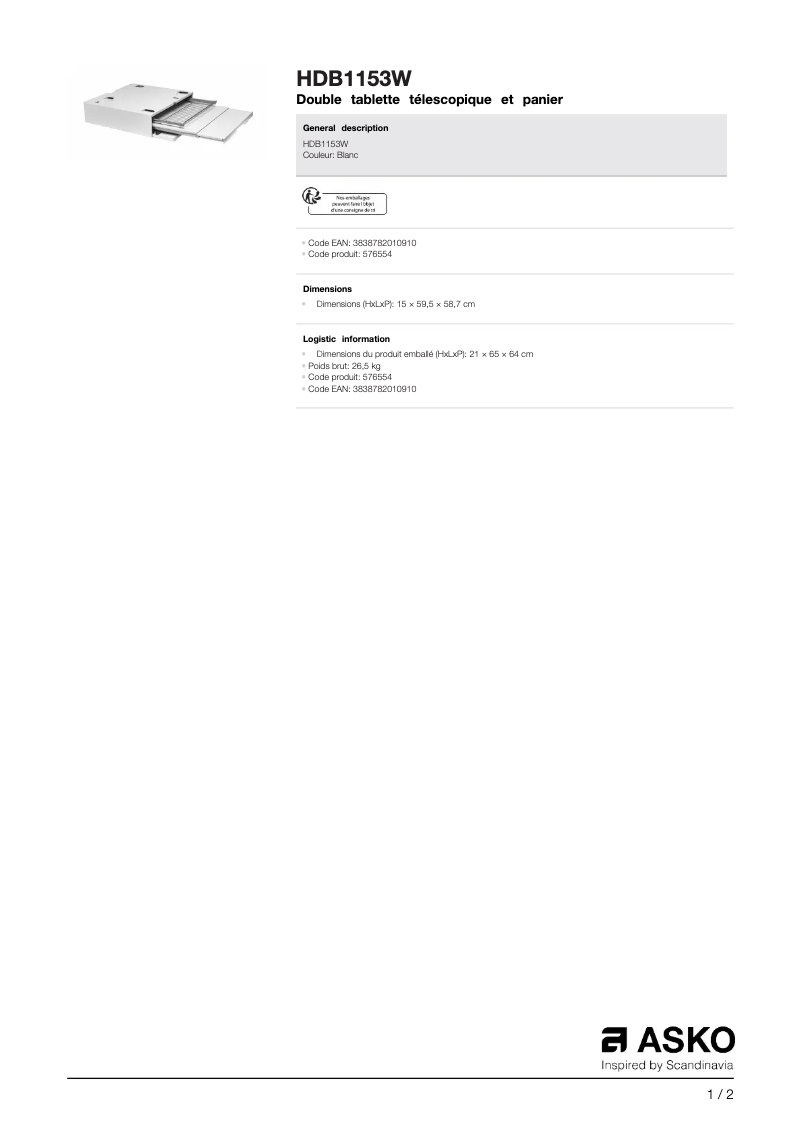 Página 1 del manual Ficha técnica Asko HDB1153W
