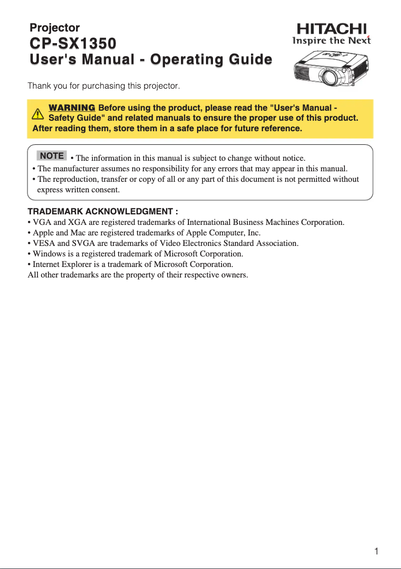 Página nº 1 - Manual de usuario Hitachi CP-SX1350