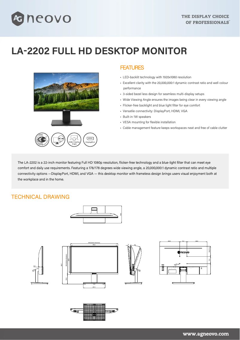 Página 1 del manual Ficha técnica AG Neovo LA-2202