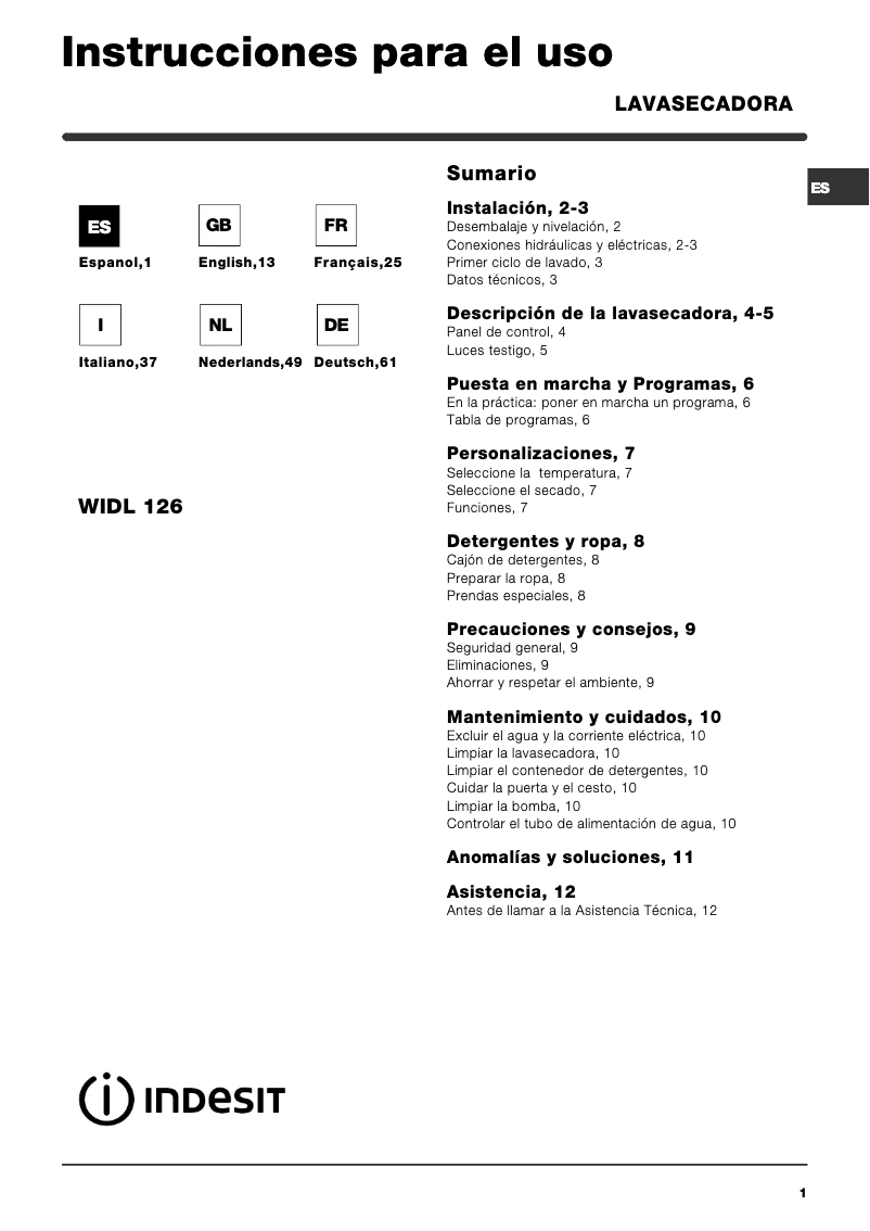 Imagen de la primera página del manual del dispositivo WIDL 126