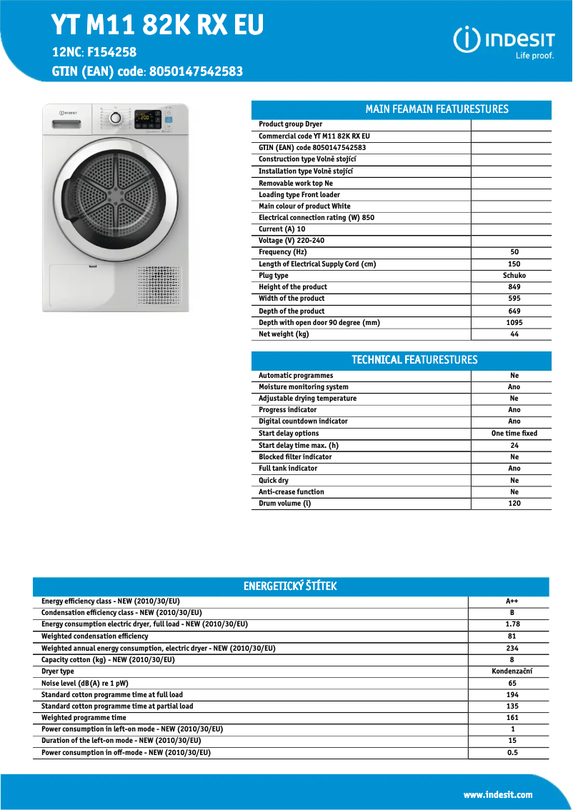 Página 1 del manual Ficha técnica Indesit YT M11 82K RX EU