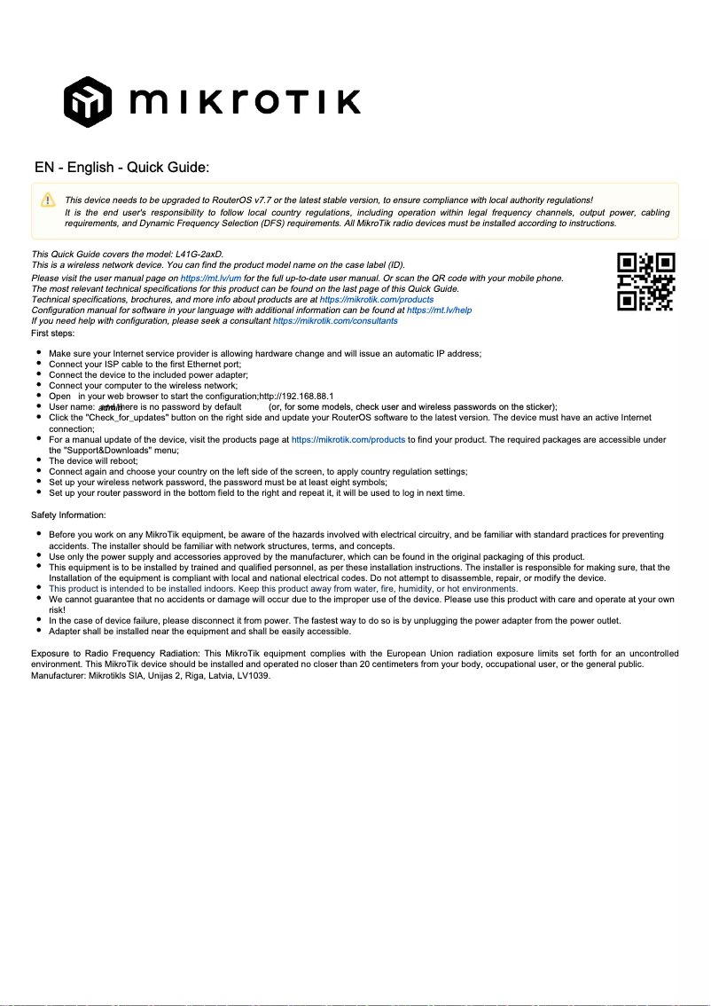 Imagen de la primera página del manual del dispositivo hAP ax lite