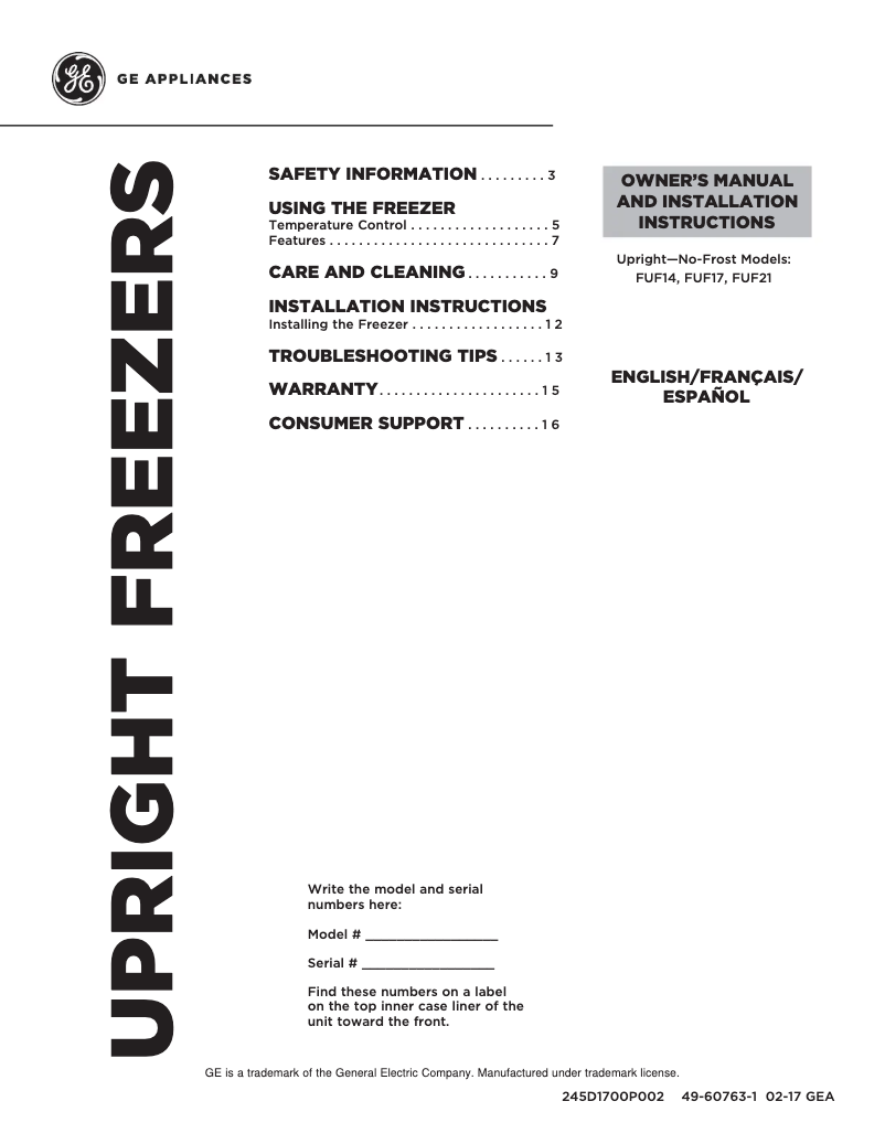 Imagen de la primera página del manual del dispositivo FUF17DLRWW