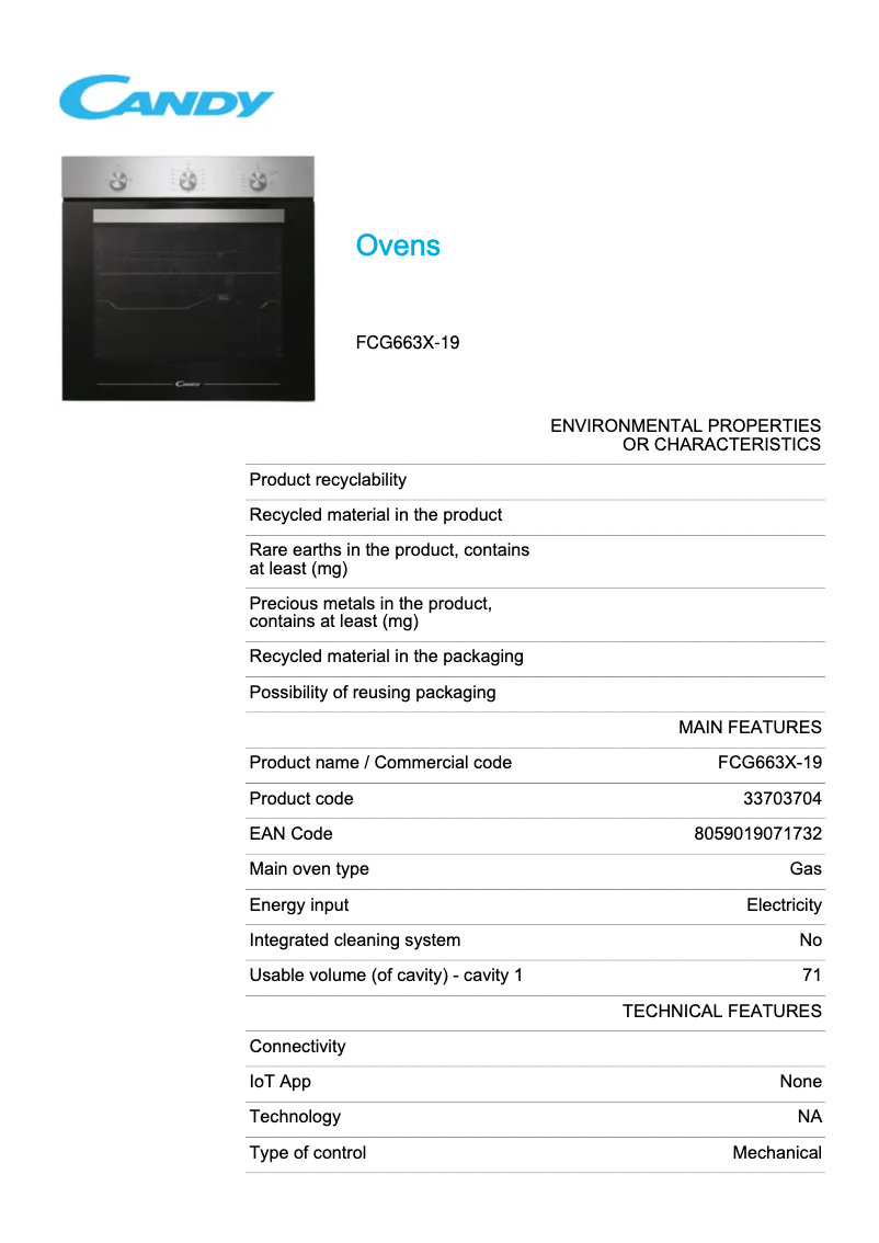 Página 1 del manual Ficha técnica Candy FCG663X-19