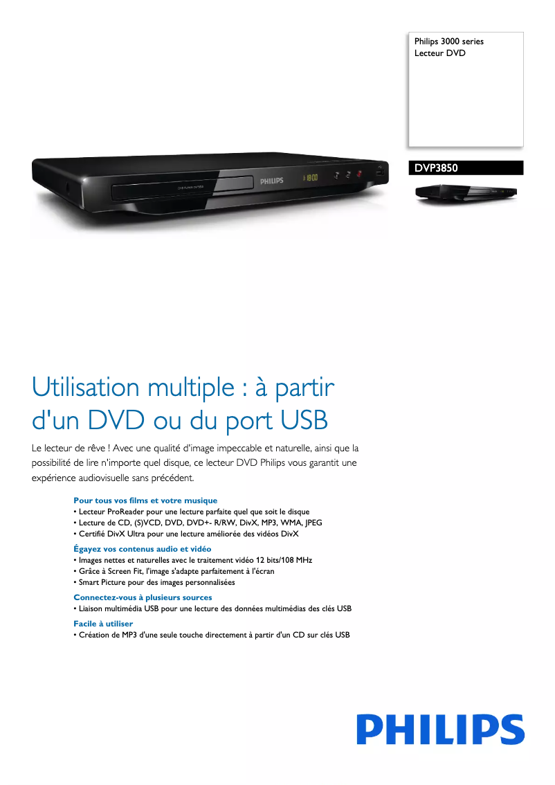 Página 1 del manual Ficha técnica Philips DVP3850