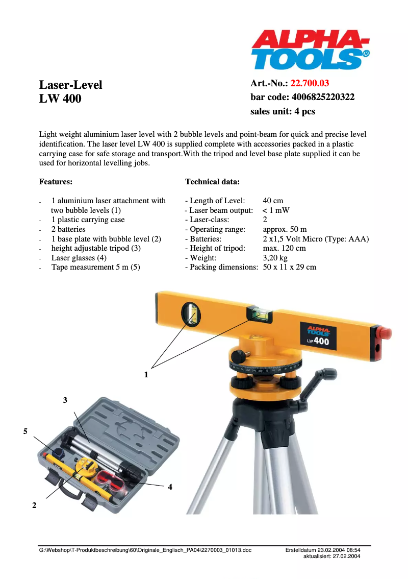 Página 1 del manual Ficha técnica Alpha Tools LW 400