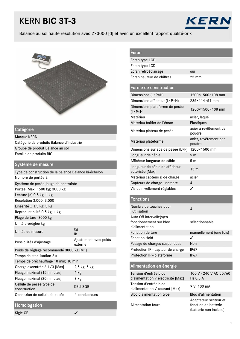 Página 1 del manual Ficha técnica Kern BIC 3T-3