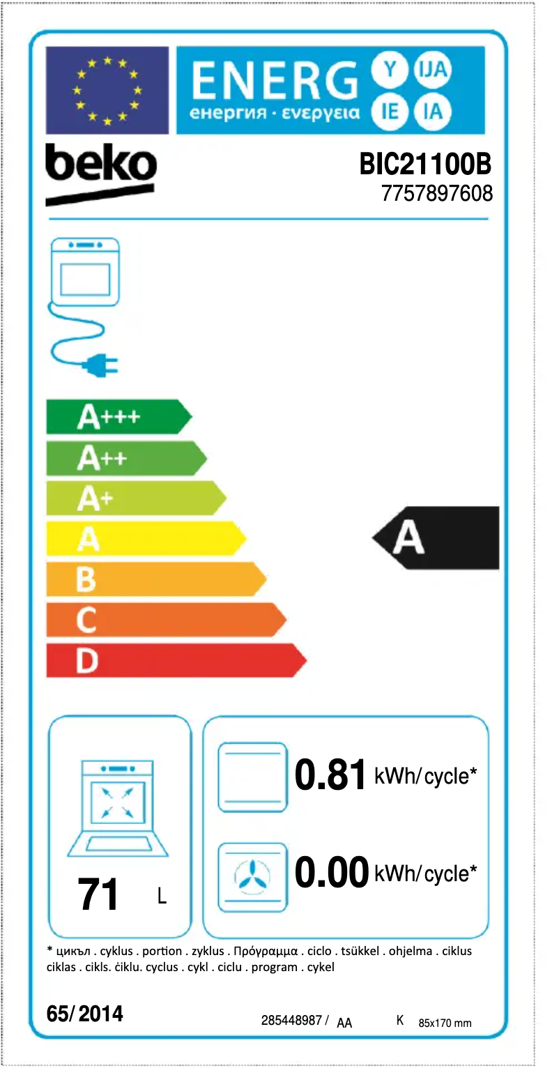 Página 1 del manual Etiqueta energética Beko BIC21100B