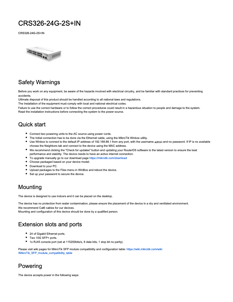 Imagen de la primera página del manual del dispositivo CRS326-24G-2S+IN