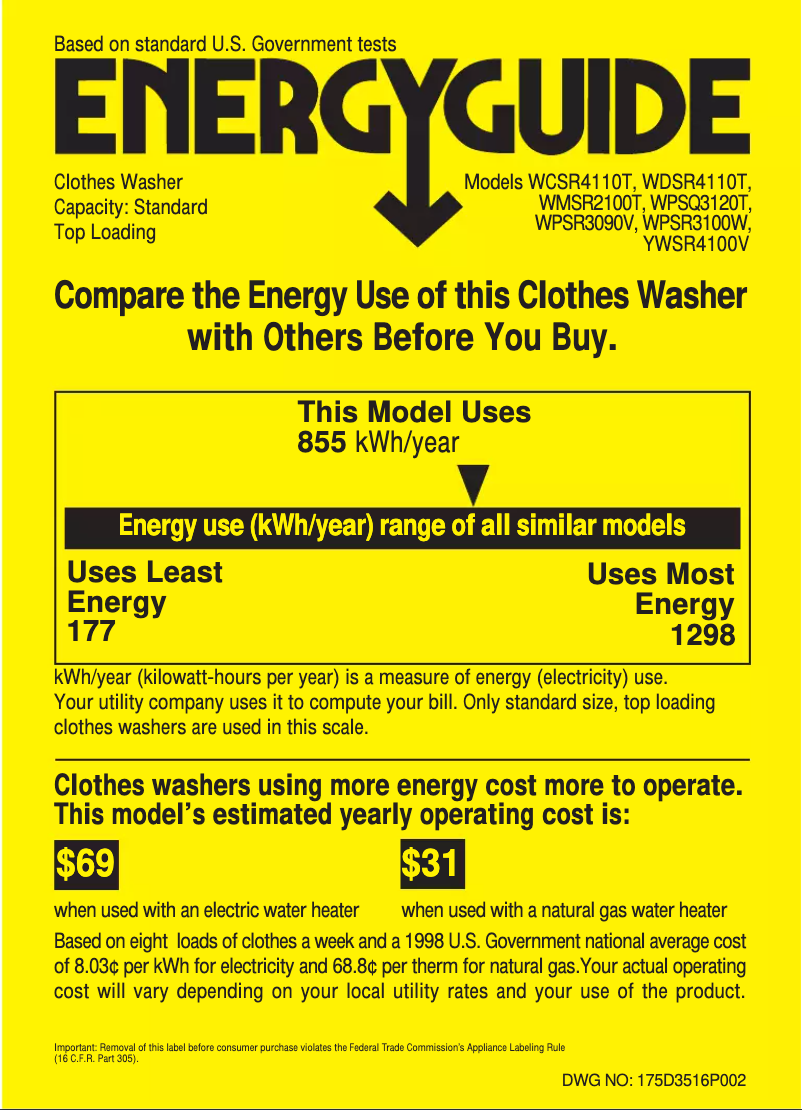 Página 1 del manual Etiqueta energética RCA YWSR4100VWW