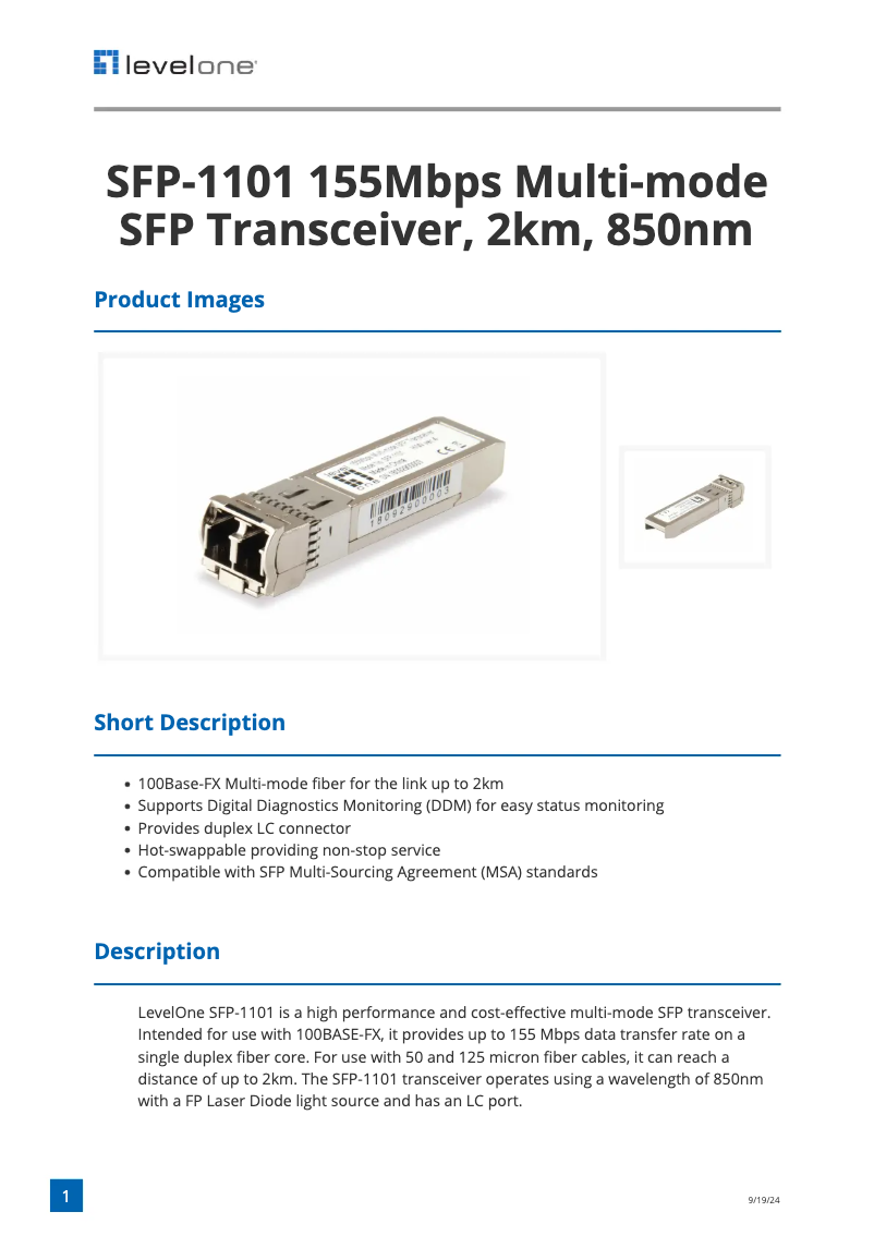 Imagen de la primera página del manual del dispositivo SFP-1101