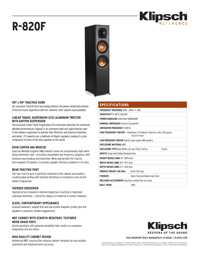 Página 1 del manual Ficha técnica Klipsch Reference R-820F