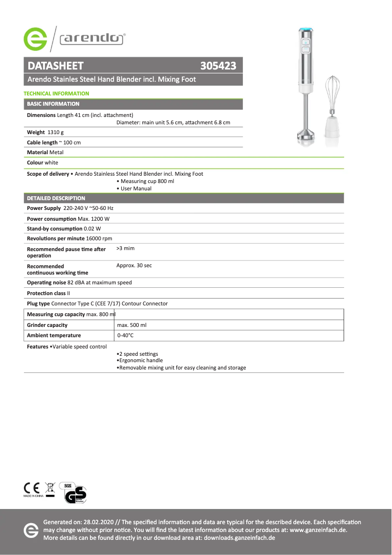 Página 1 del manual Ficha técnica Arendo Mova 305361