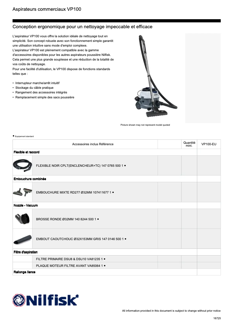Página 1 del manual Ficha técnica Nilfisk VP100