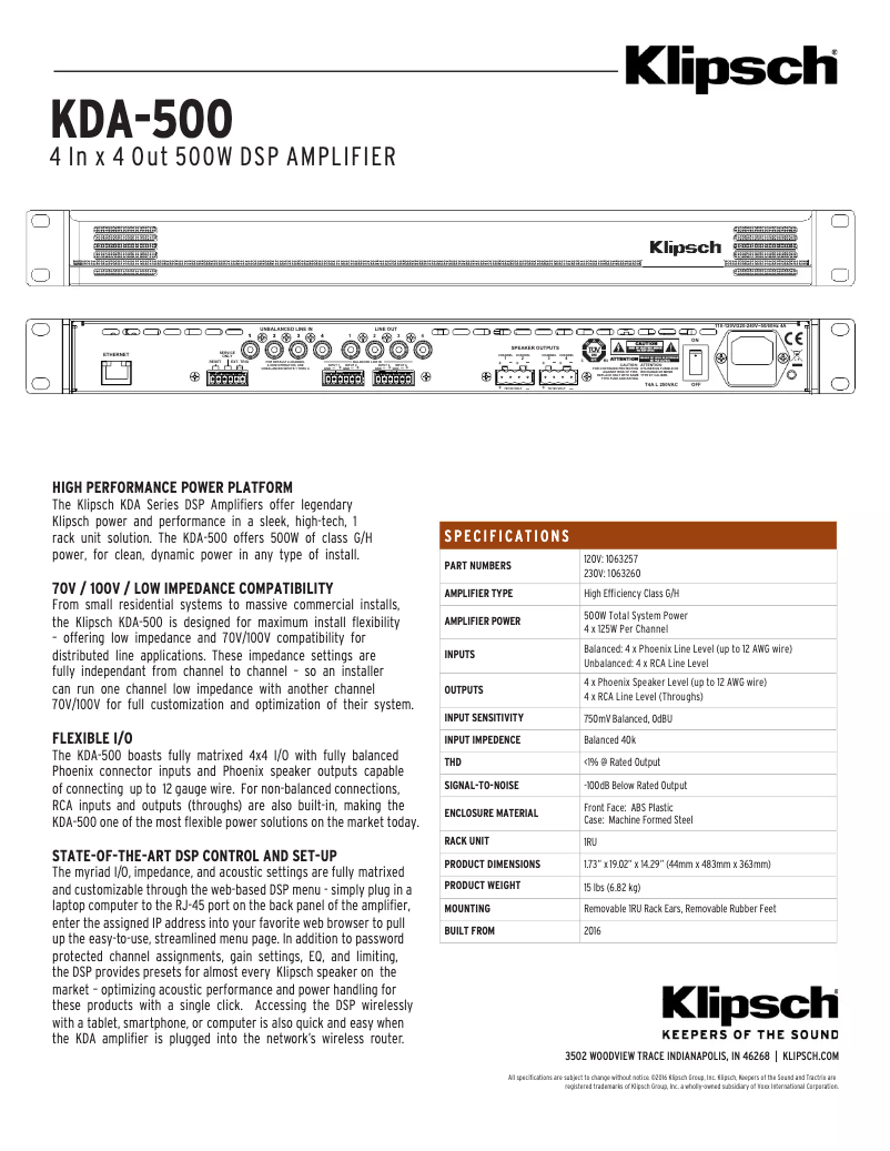 Página 1 del manual Ficha técnica Klipsch KDA-500