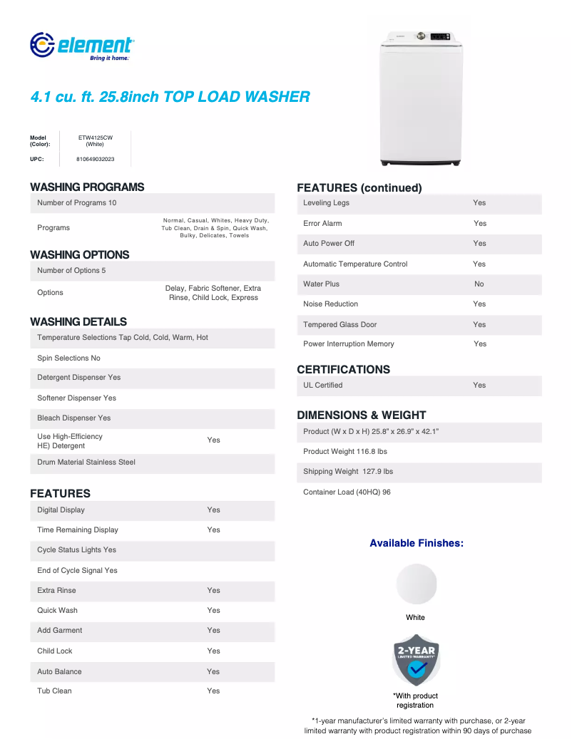 Página nº 1 - Ficha técnica Element ETW4125CW